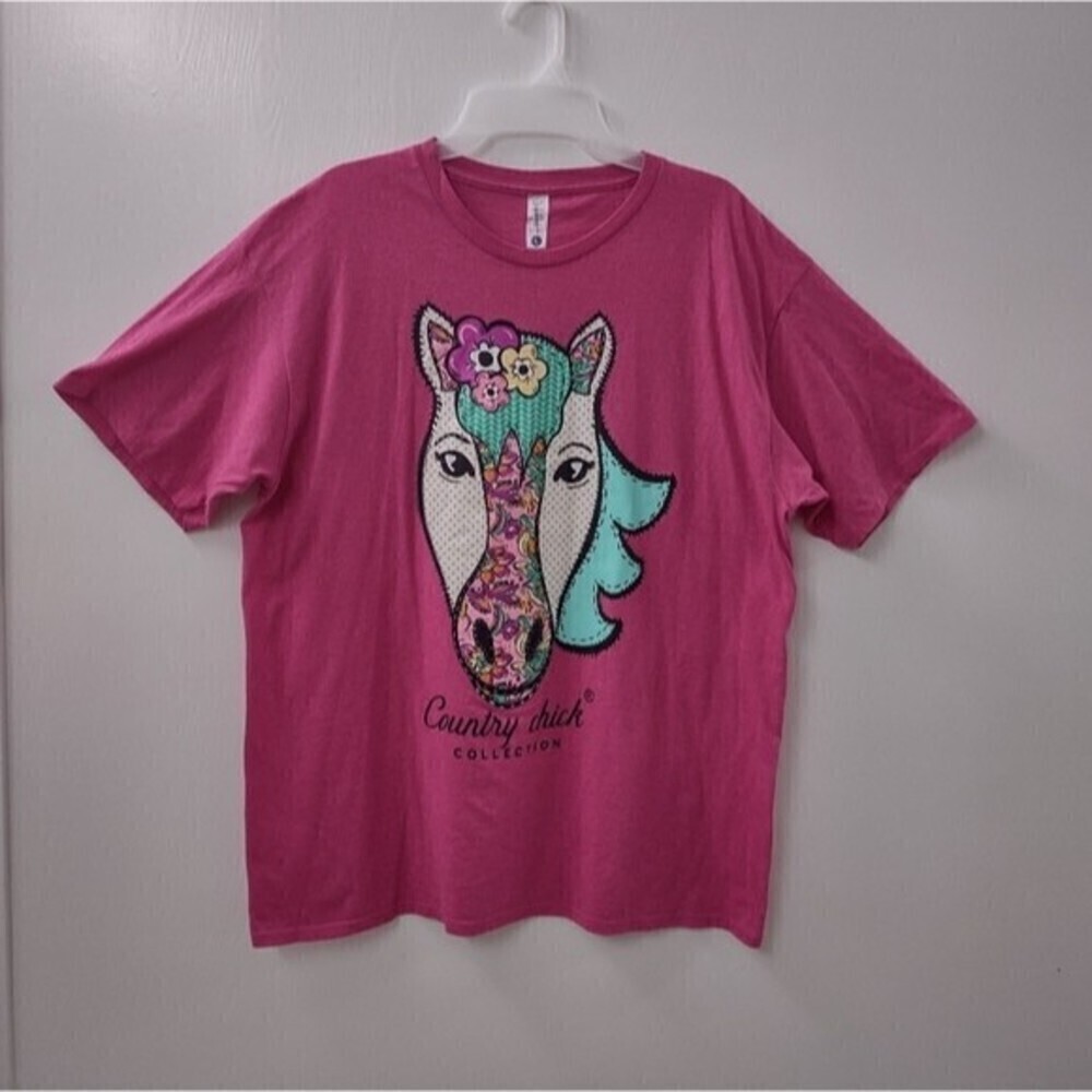 Country Chick Collection Pink T-shirt With Colorful Horse Face Size L